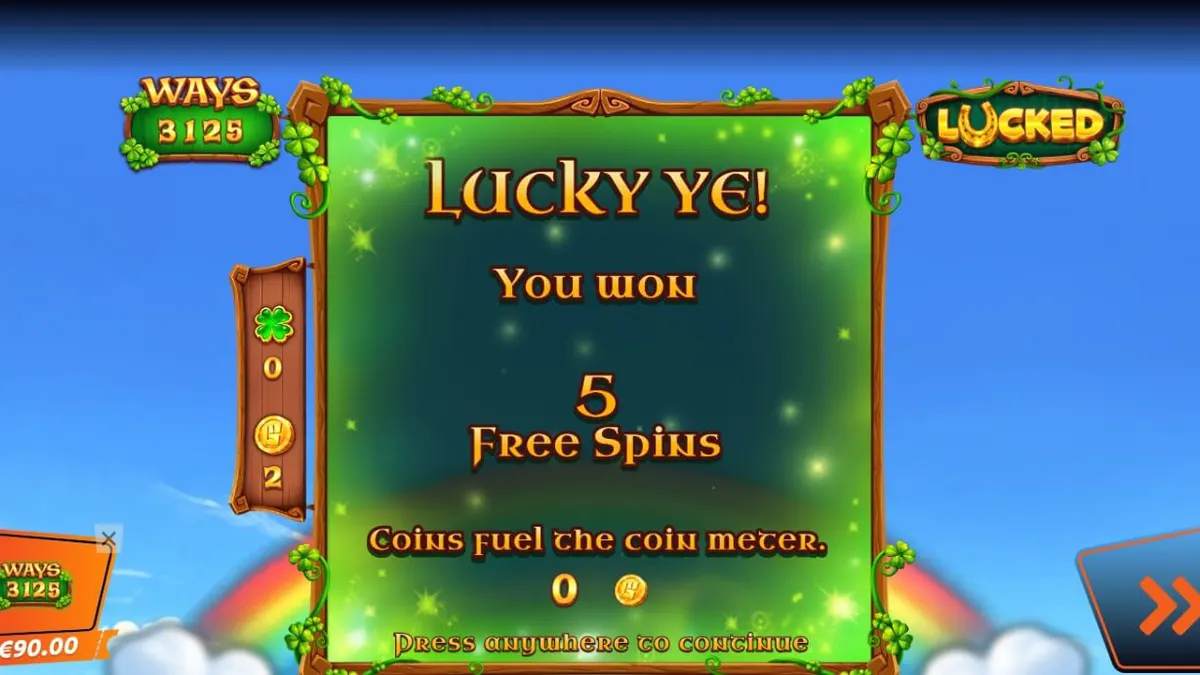 Tangkapan layar permainan slot Lucked oleh Wicked Games dengan tema Irlandia dan Leprechaun di lembah hijau.