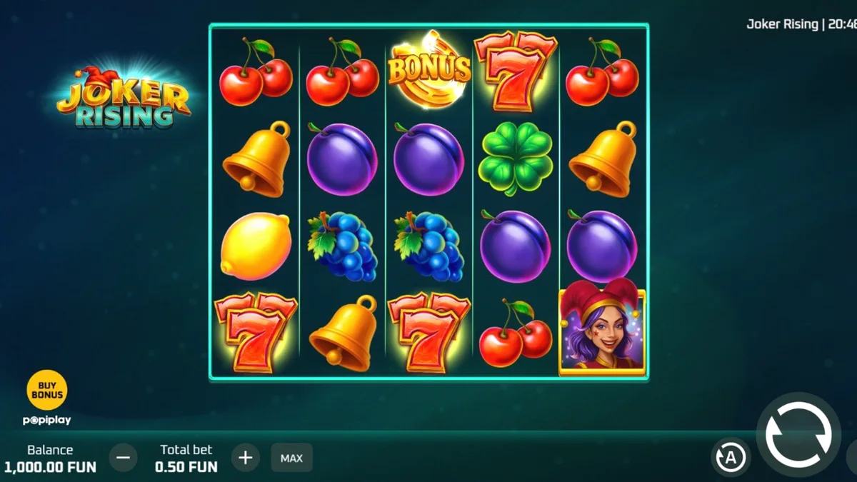Tampilan visual slot Joker Rising dengan simbol buah dan Joker
