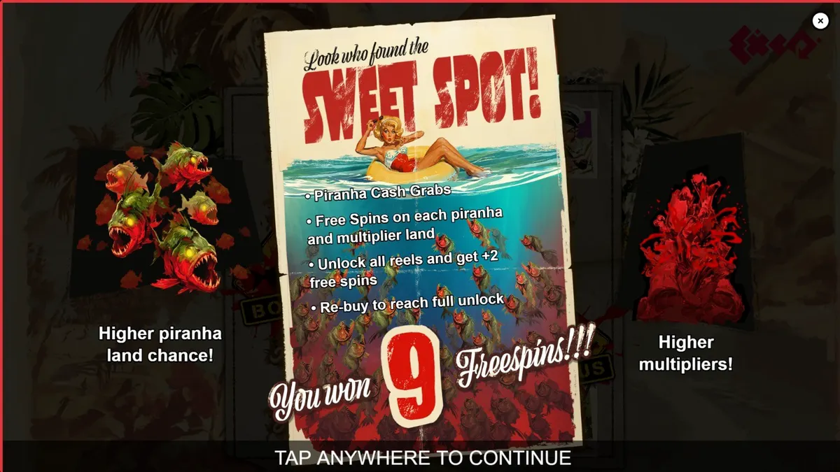 Tampilan visual slot Piranha Bite Club dengan tema retro pin-up dan predator bawah air